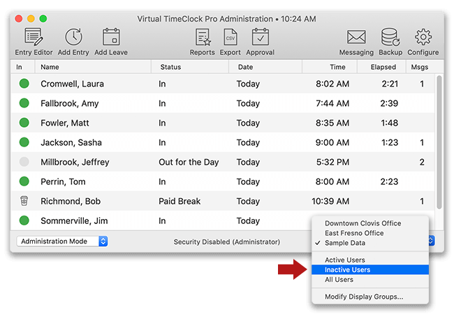 Selecting the Inactive Users group from the In & Out Board window