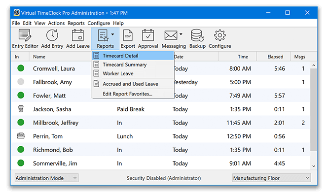 Viewing group timecards in Virtual TimeClock