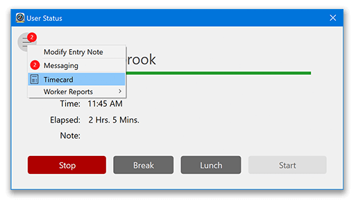 Employee timecard from the User Actions menu