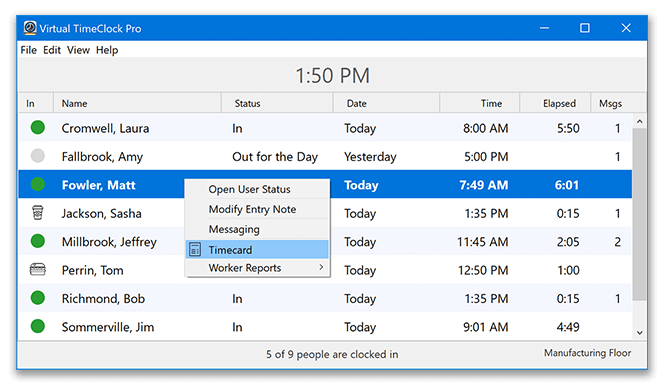 Employee timecard from In/Out Board