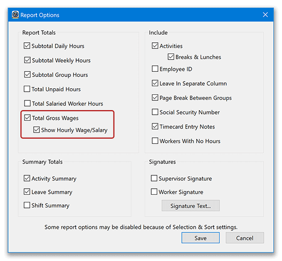 Report Options window showing wage information