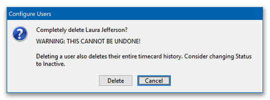 Warning when deleting a user in the time clock software