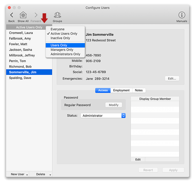 Filtering the user list in Virtual TimeClock