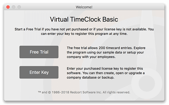 Virtual TimeClock Basic Welcome Window