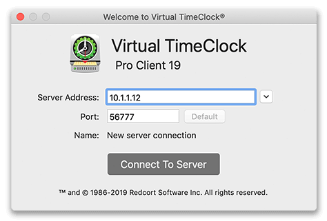 Virtual TimeClock Client window showing login to TimeClock Server