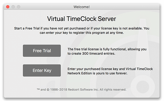Virtual TimeClock Network Server Welcome Window