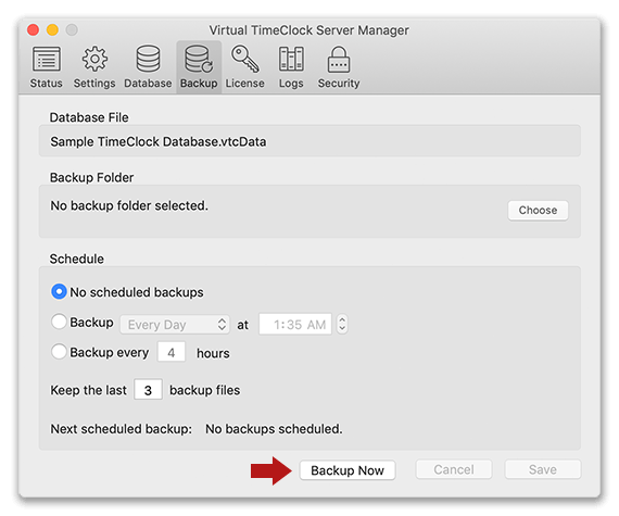 Virtual TimeClock Network Server Backup tab showing how to backup database