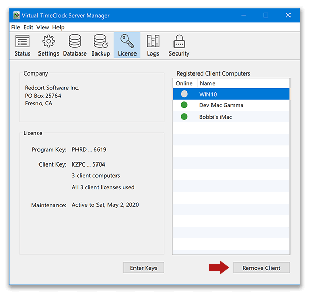 Removing client registration in the Server Manager program