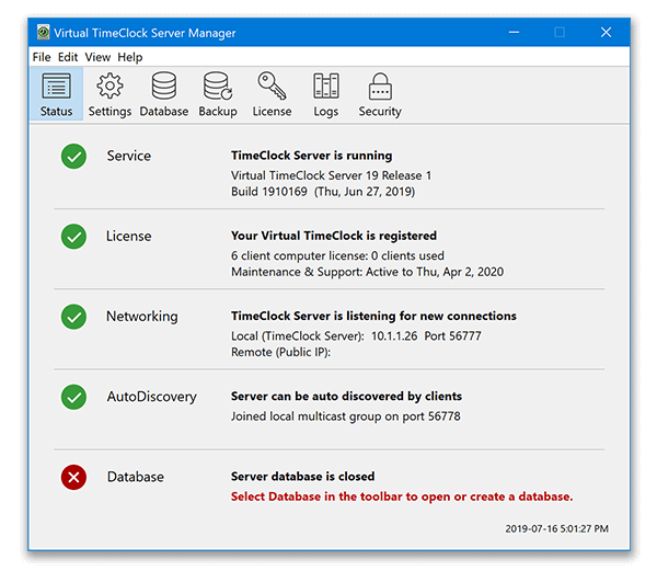 Virtual TimeClock Server Status window showing no database