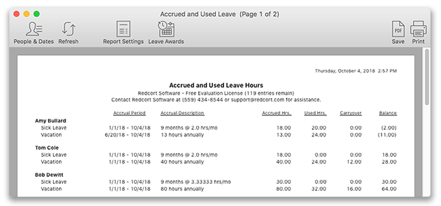 Accrued and Used Leave report in Virtual TimeClock