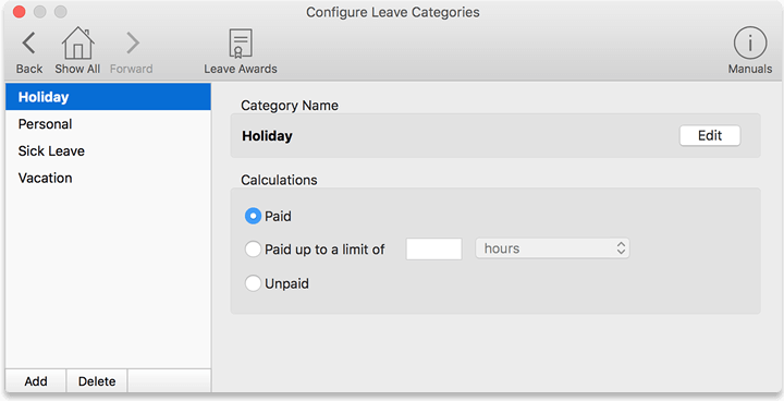 Virtual TimeClock leave categories