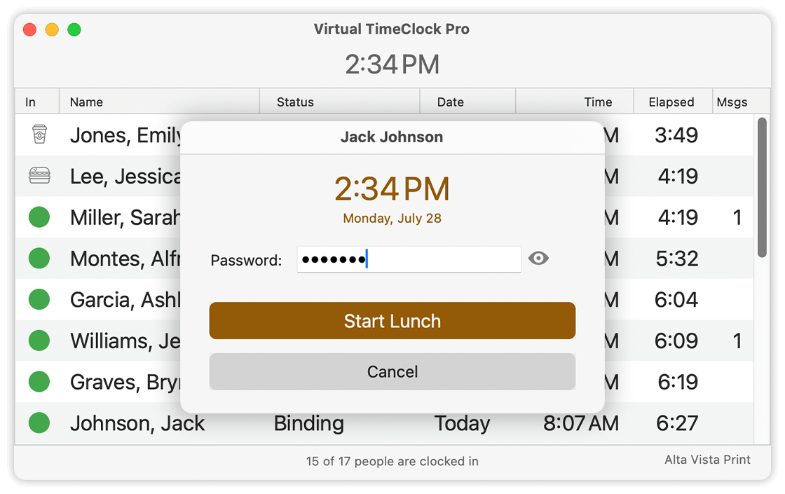 Virtual Time Clock Start Lunch Password