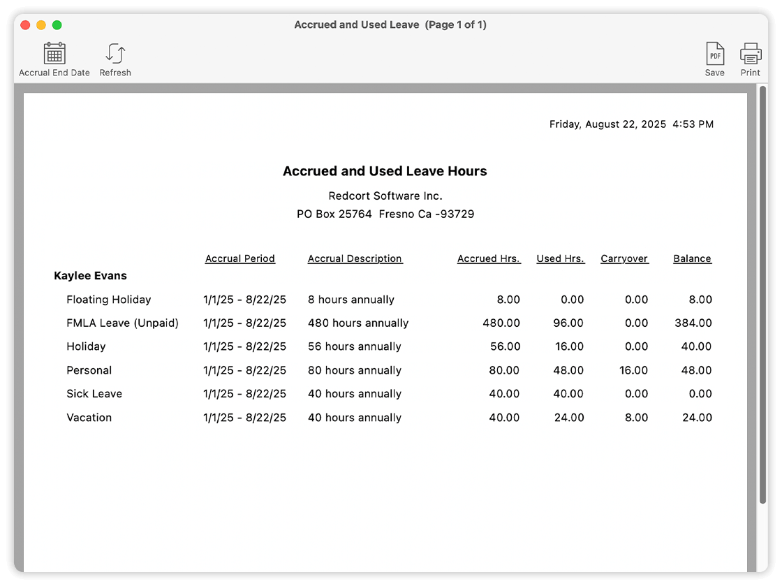 Accrued Used Leave Report