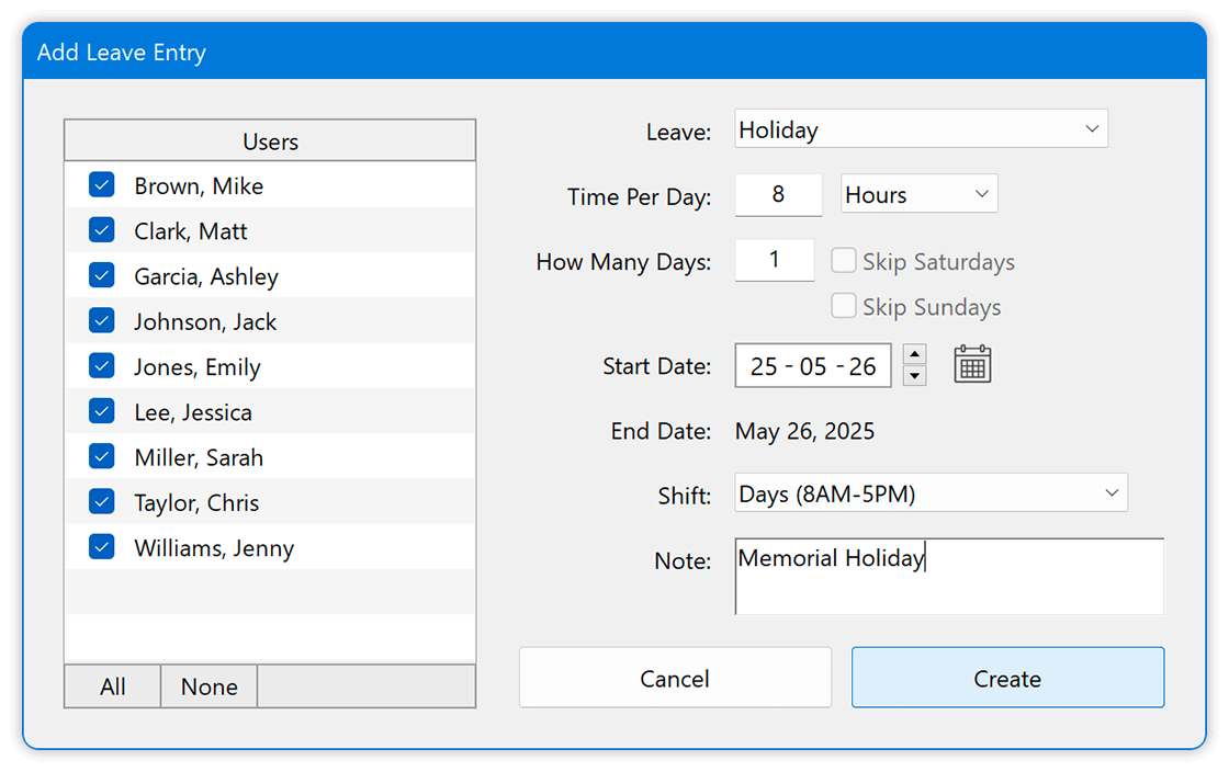 Add Leave Entry Window