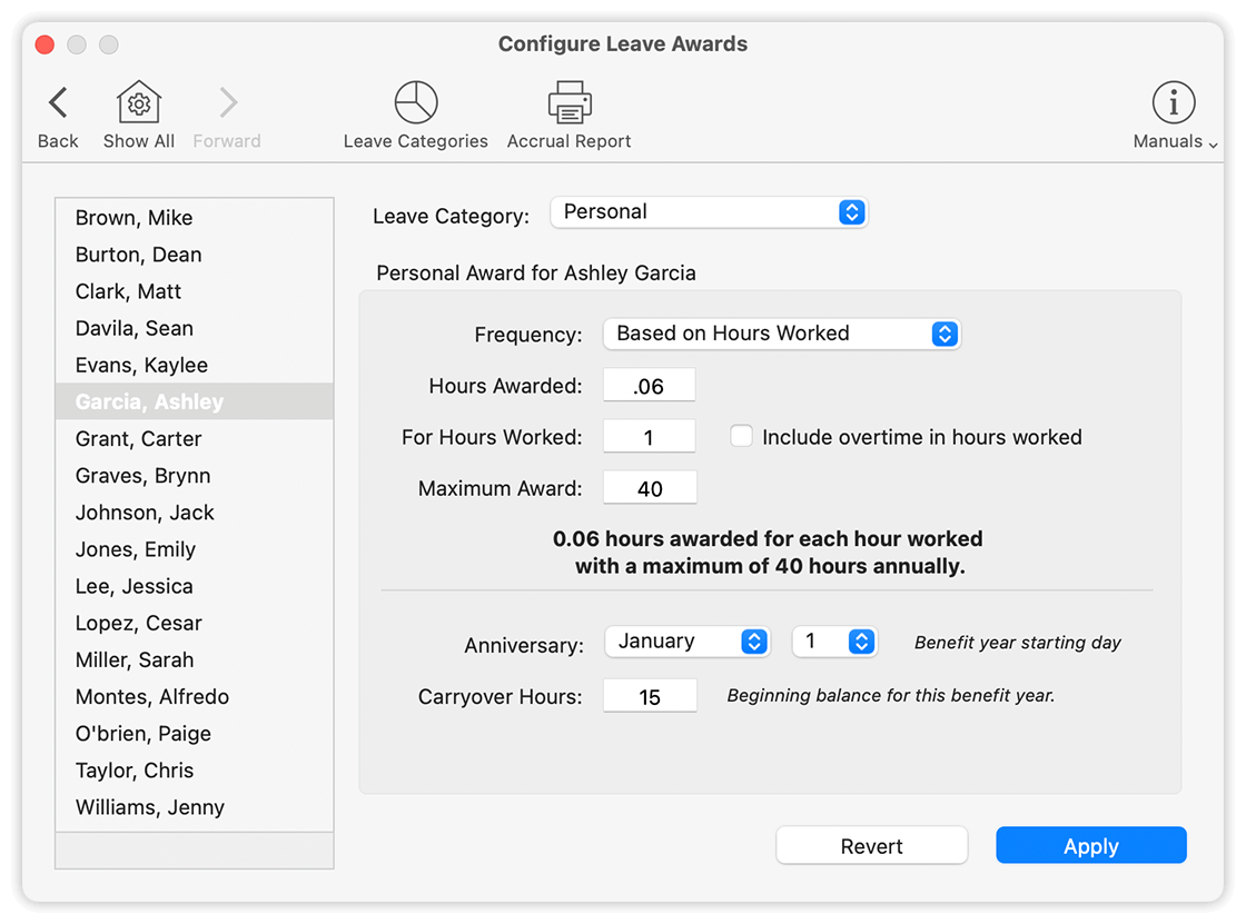 Configure Leave Awards Window 1
