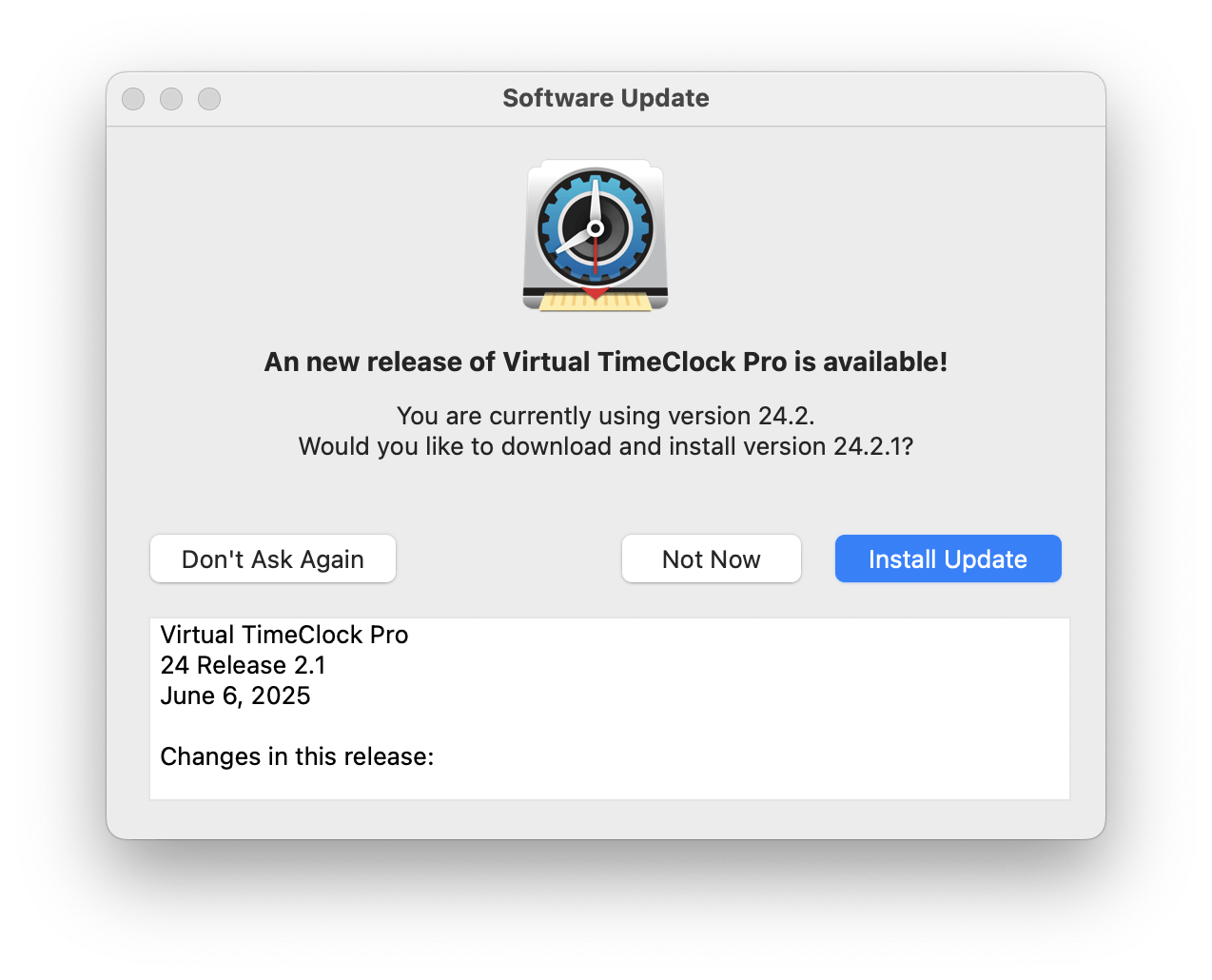 Virtual TimeClock Pro 24.2.1 Auto Update Window