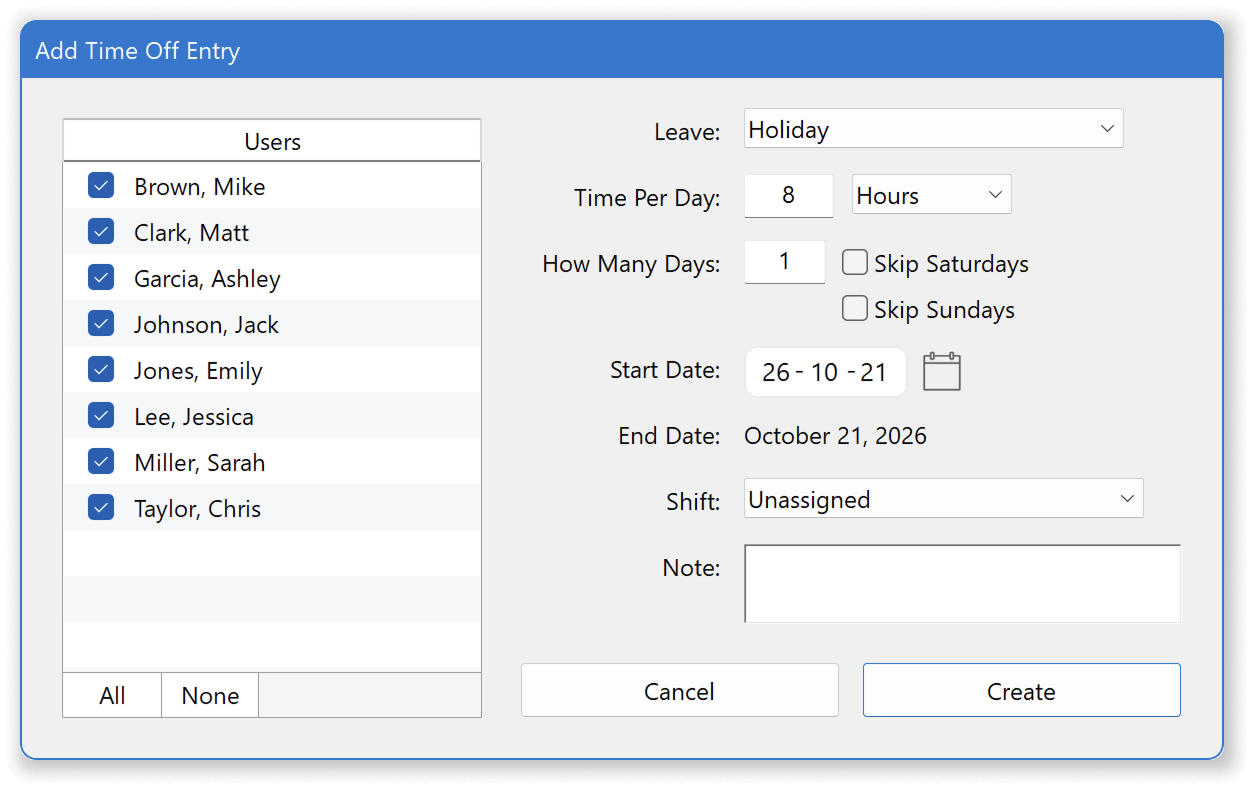 virtual timeclock adding time off entry from the time off calendar