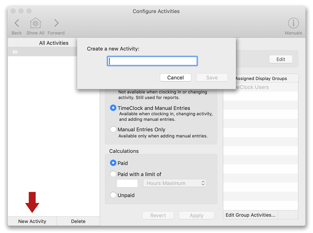 Creating an activity in Virtual TimeClock