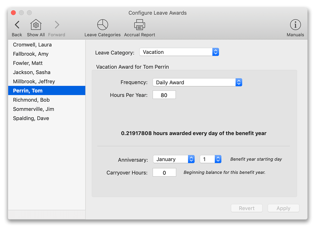 Virtual TimeClock Leave Awards window showing daily accrual