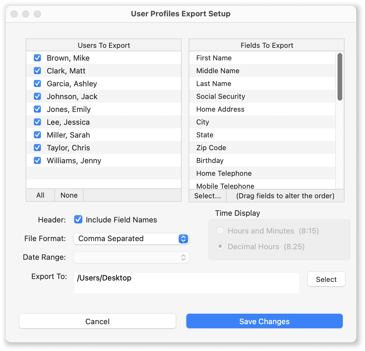 export user profile setup