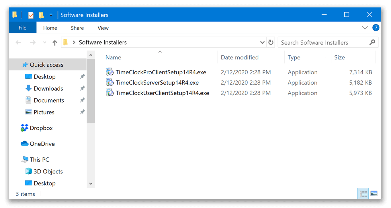 Windows folder with time clock installers