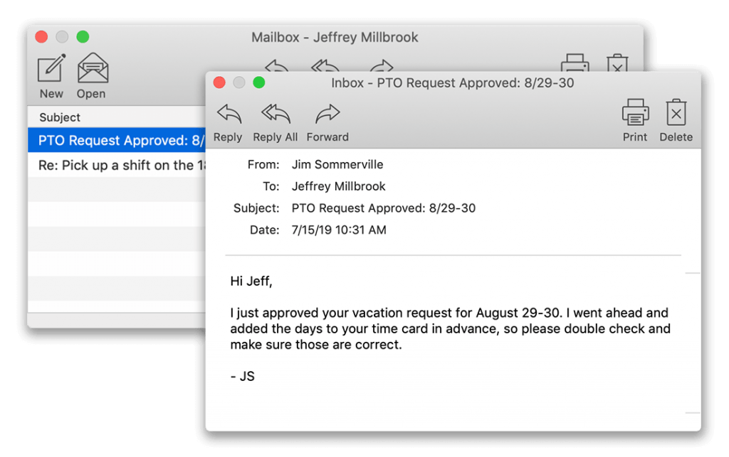 The messaging system of the Redcort virtual time clock.