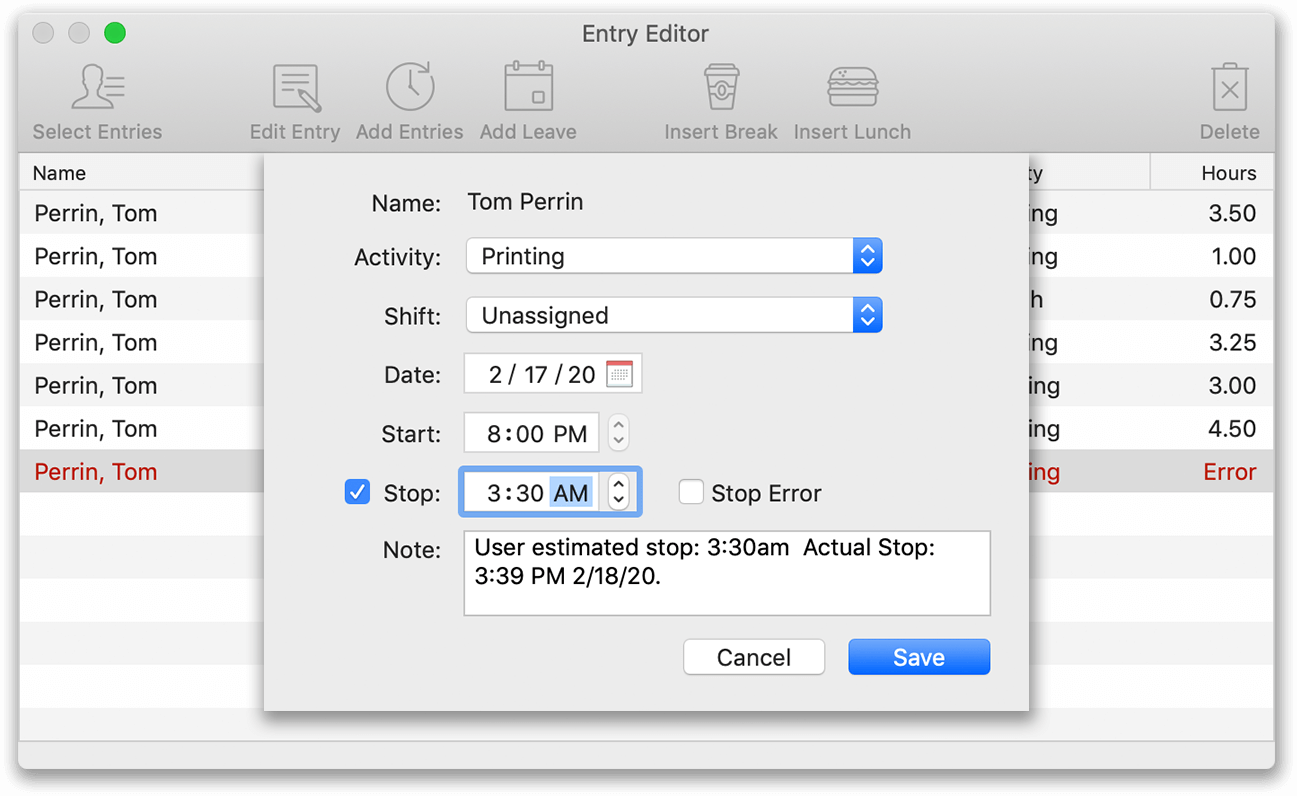 Correcting missed stop from overnight shift