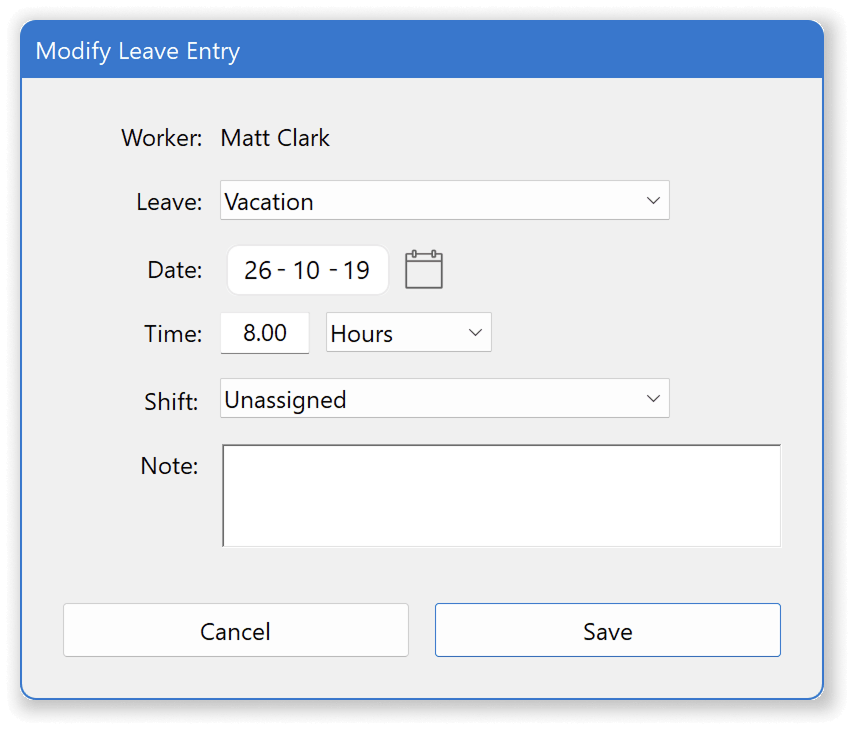 modify a leave entry from the time off calendar
