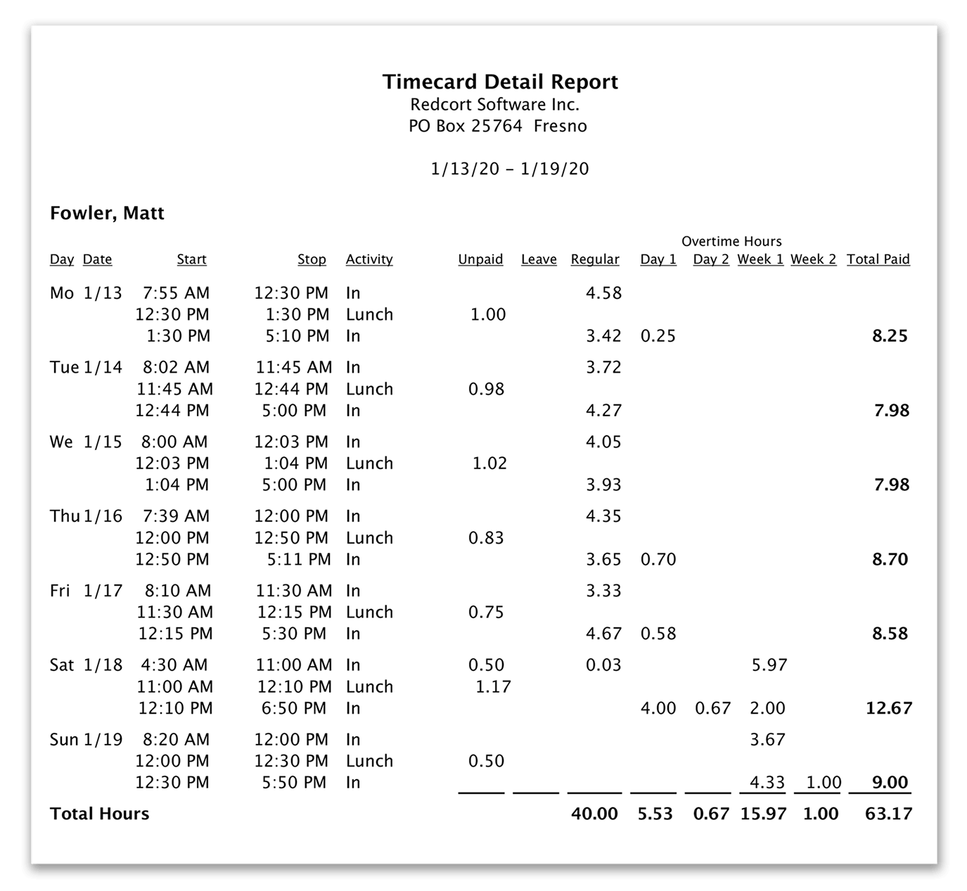 Timecard showing California overtime