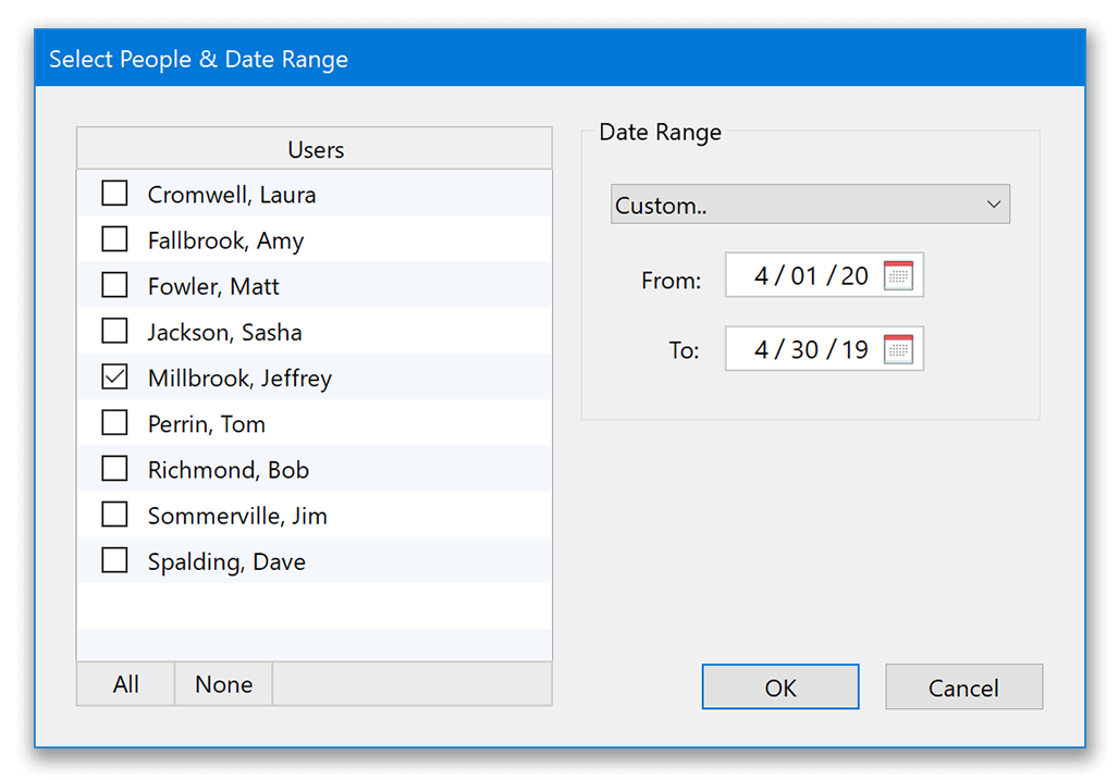 Timecard options for selecting people and dates