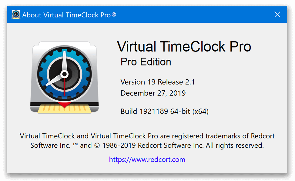 Virtual TimeClock About window for 19.2.1