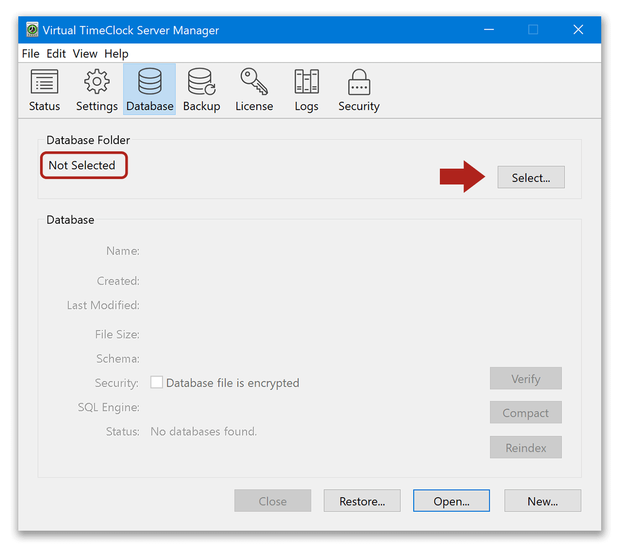 Selecting database folder in TimeClock Server