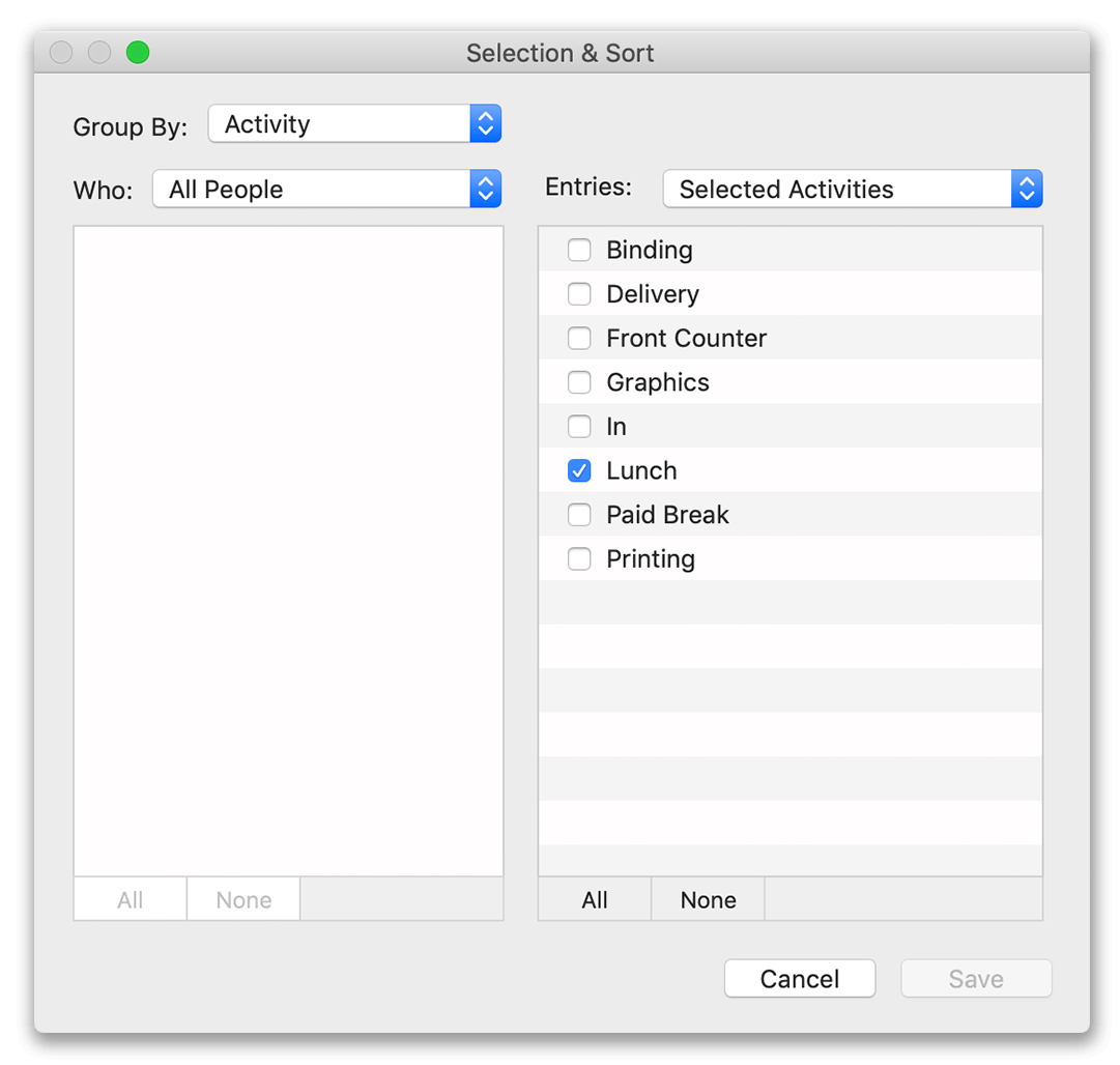 Selection and Sort reporting options