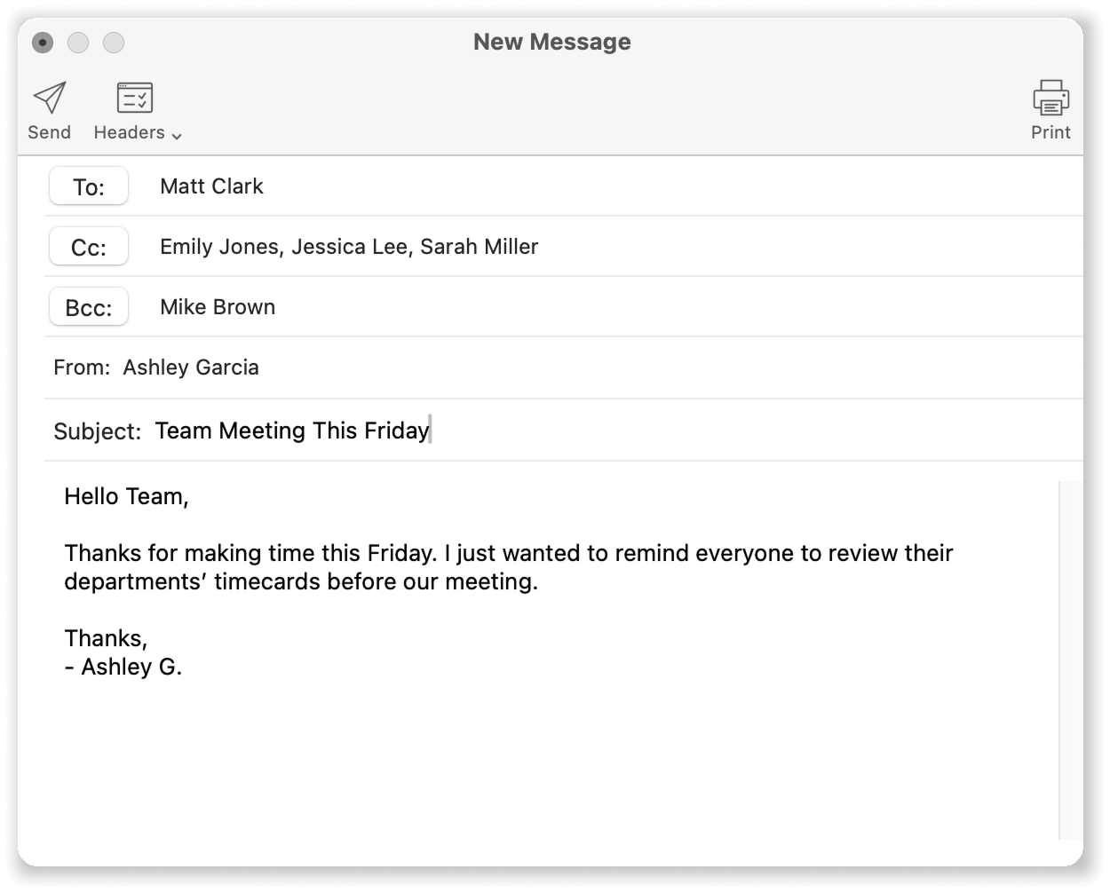 Virtual TimeClock new message window cc and bcc feature