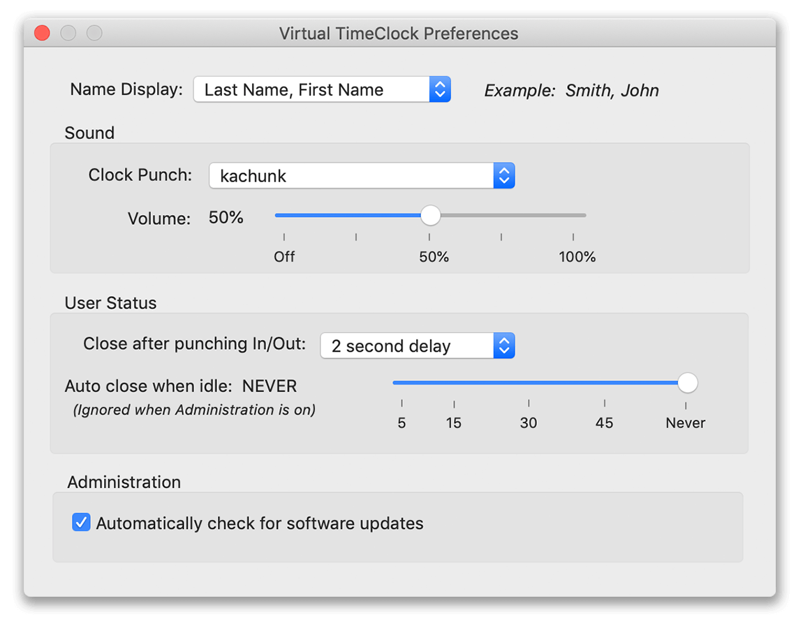 Time Clock Preferences window