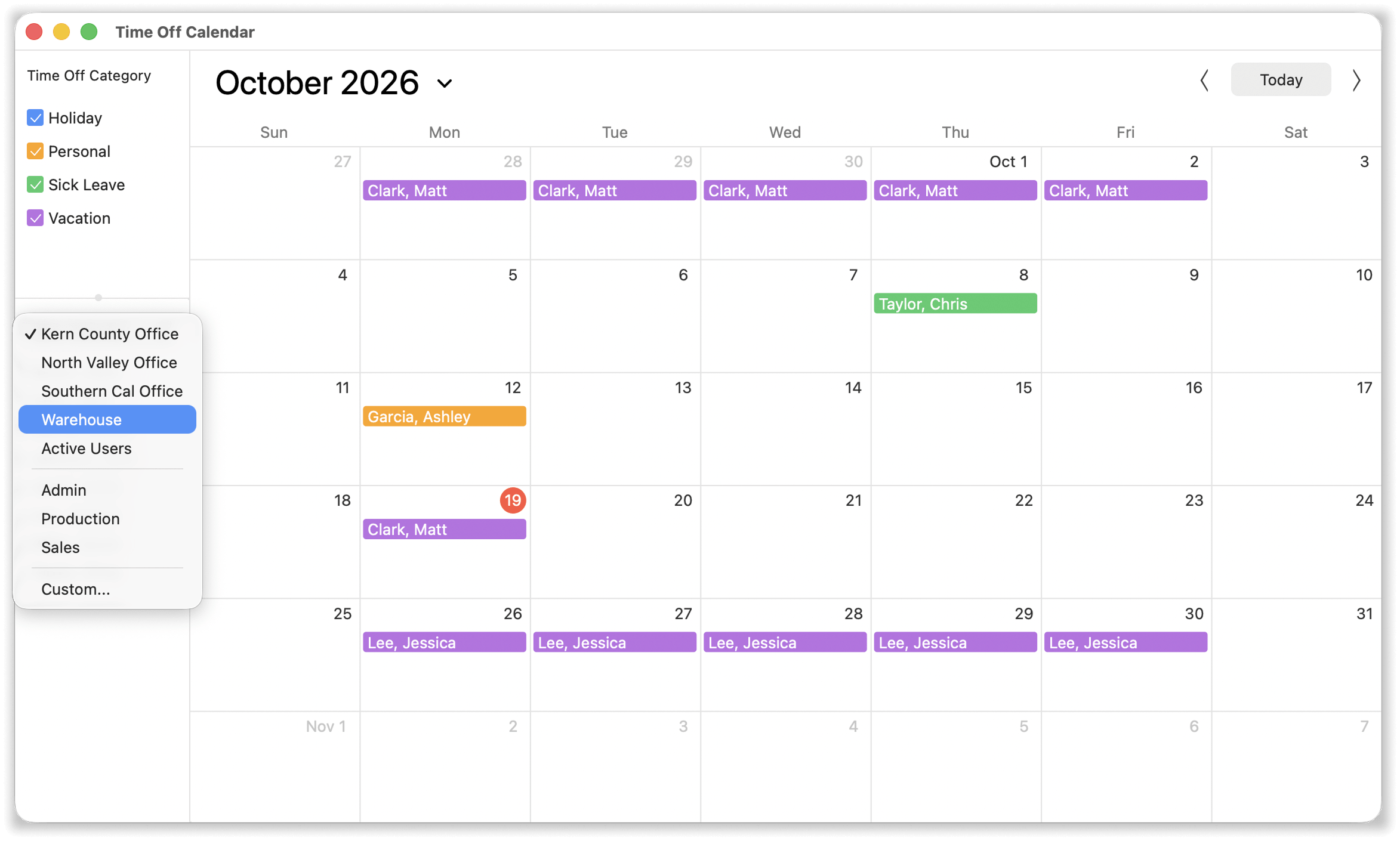 Virtual TimeClock Time Off Calendar Quickly Filter View