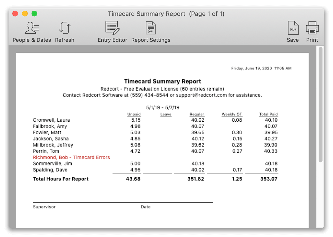 Timecard summary report showing errors