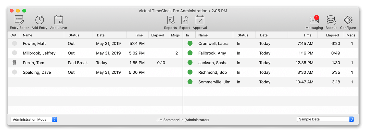 In and Out Board Two List Time Clock View