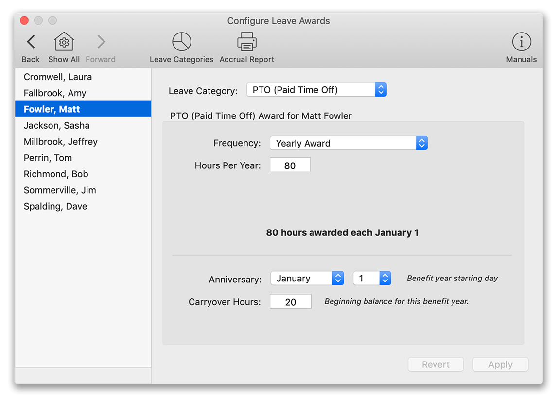 Updating PTO award in Virtual TimeClock