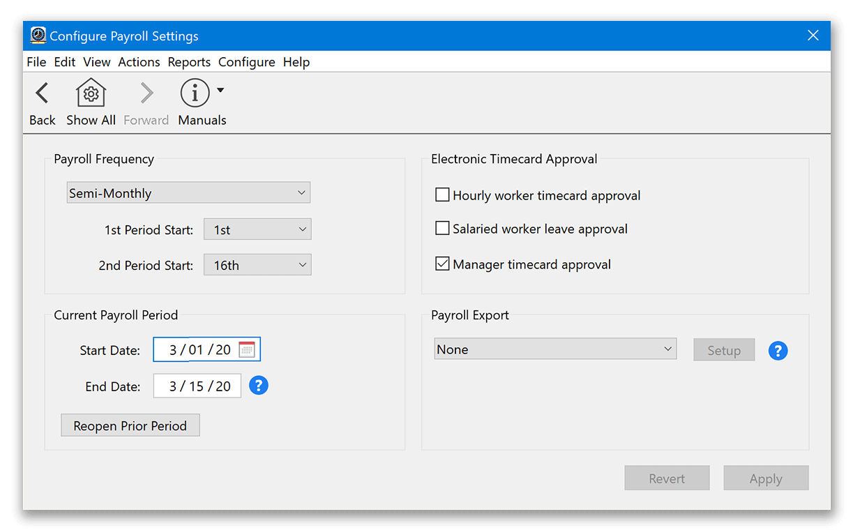 Updating the payroll period in employee time clock