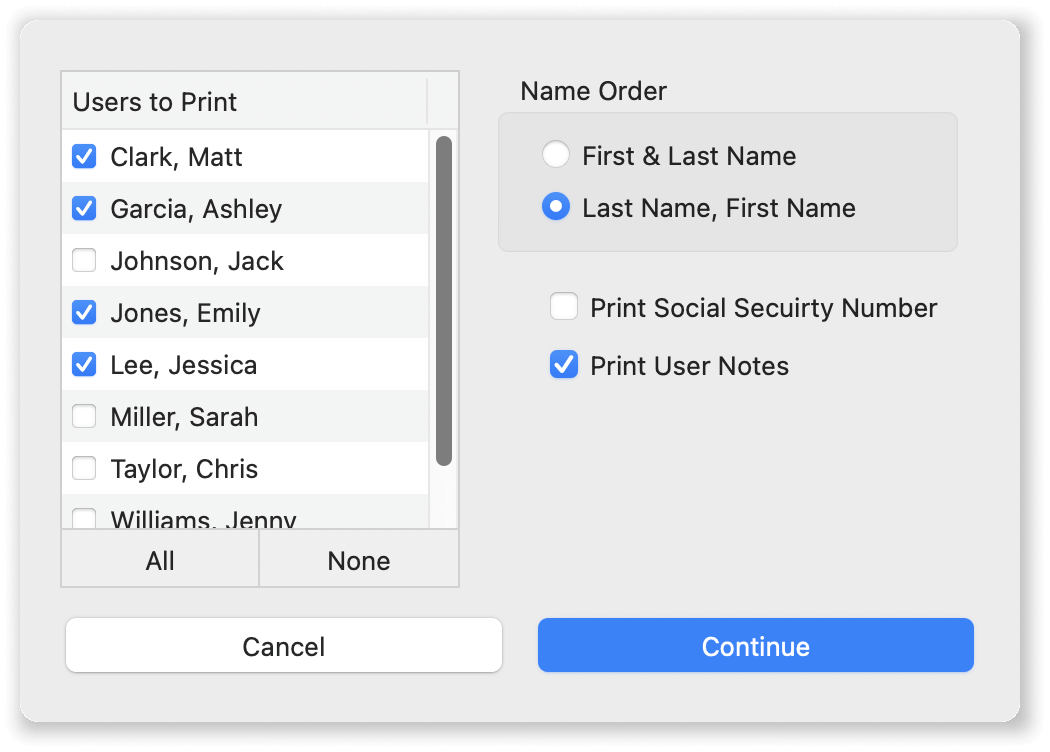 User Profile Report Options