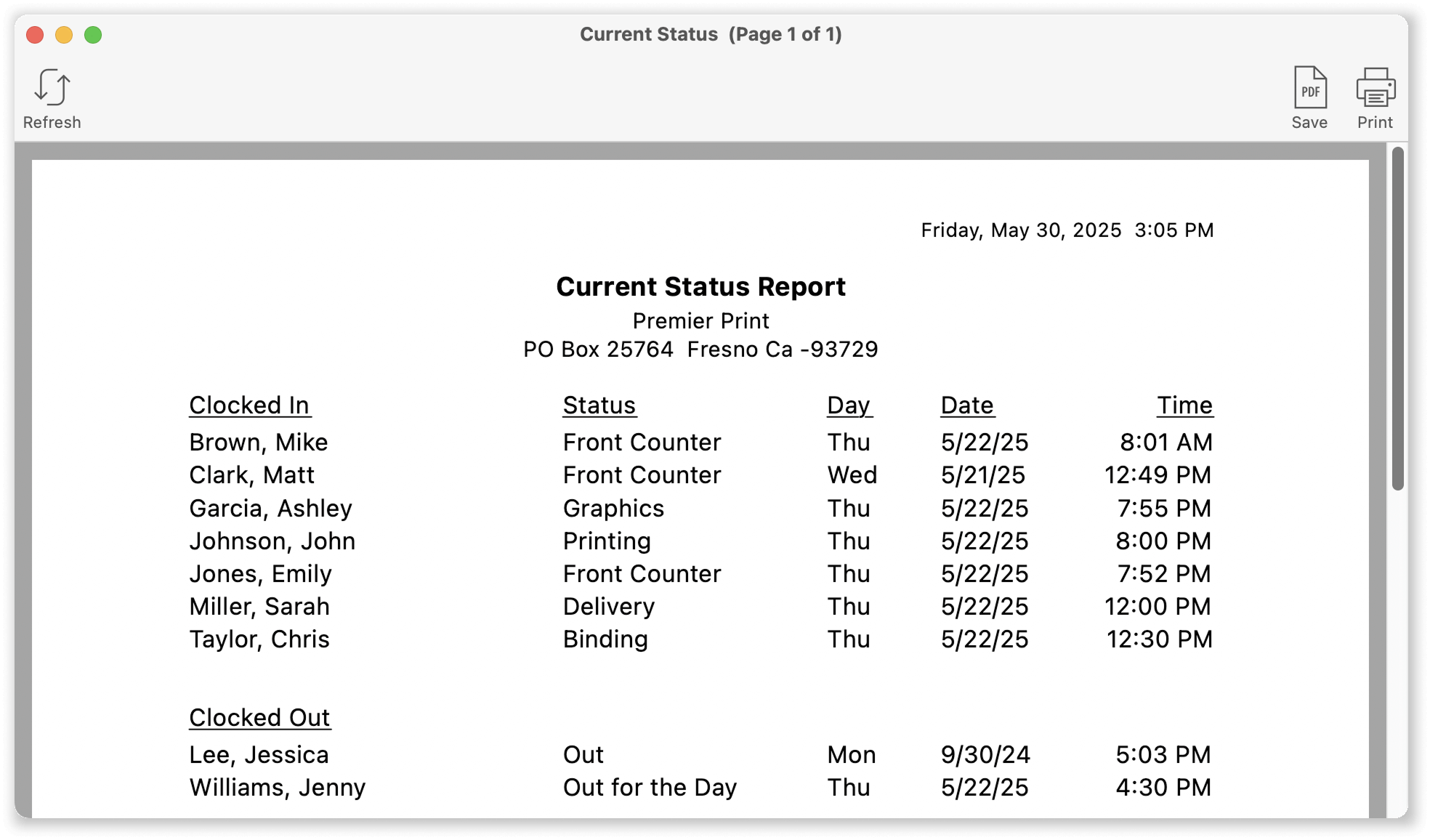 virtual timeclock current status report