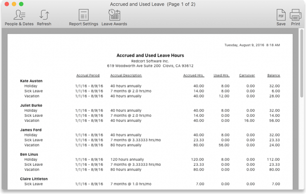 Accrued and used leave hours report generated by Redcort.