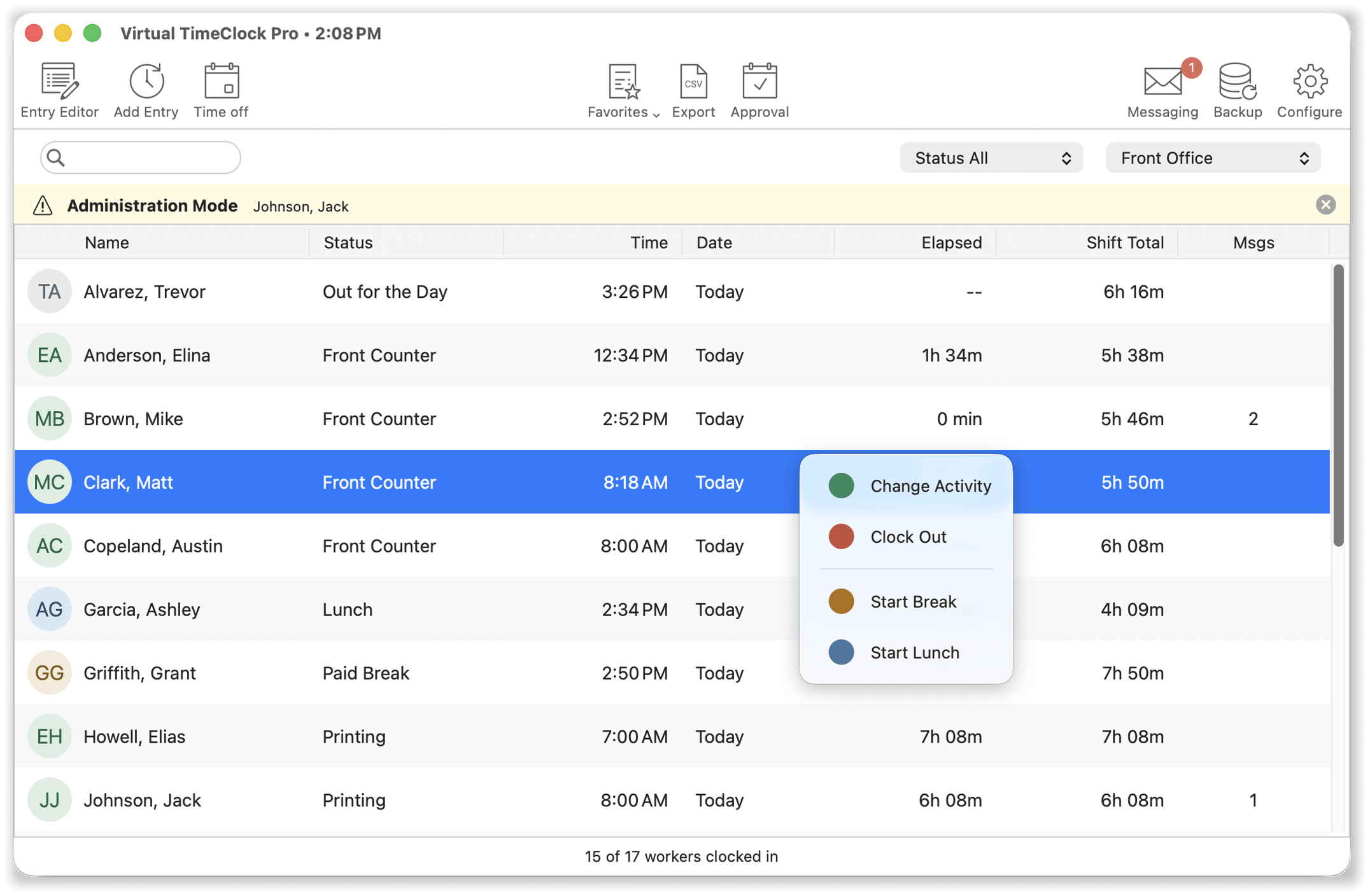 Virtual TimeClock 26 In & Out Board UI