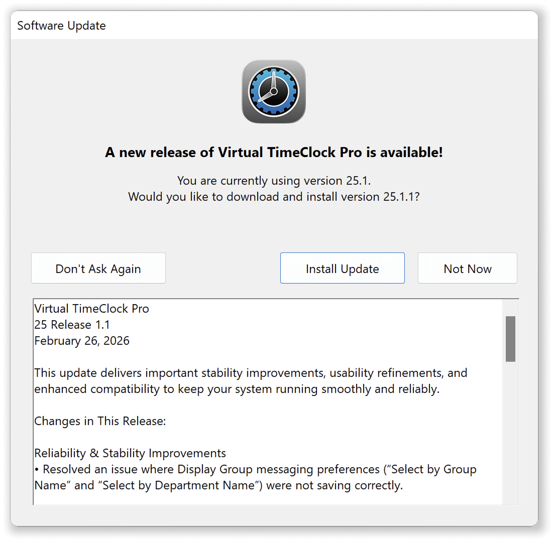 virtual timeclock employee time clock software update