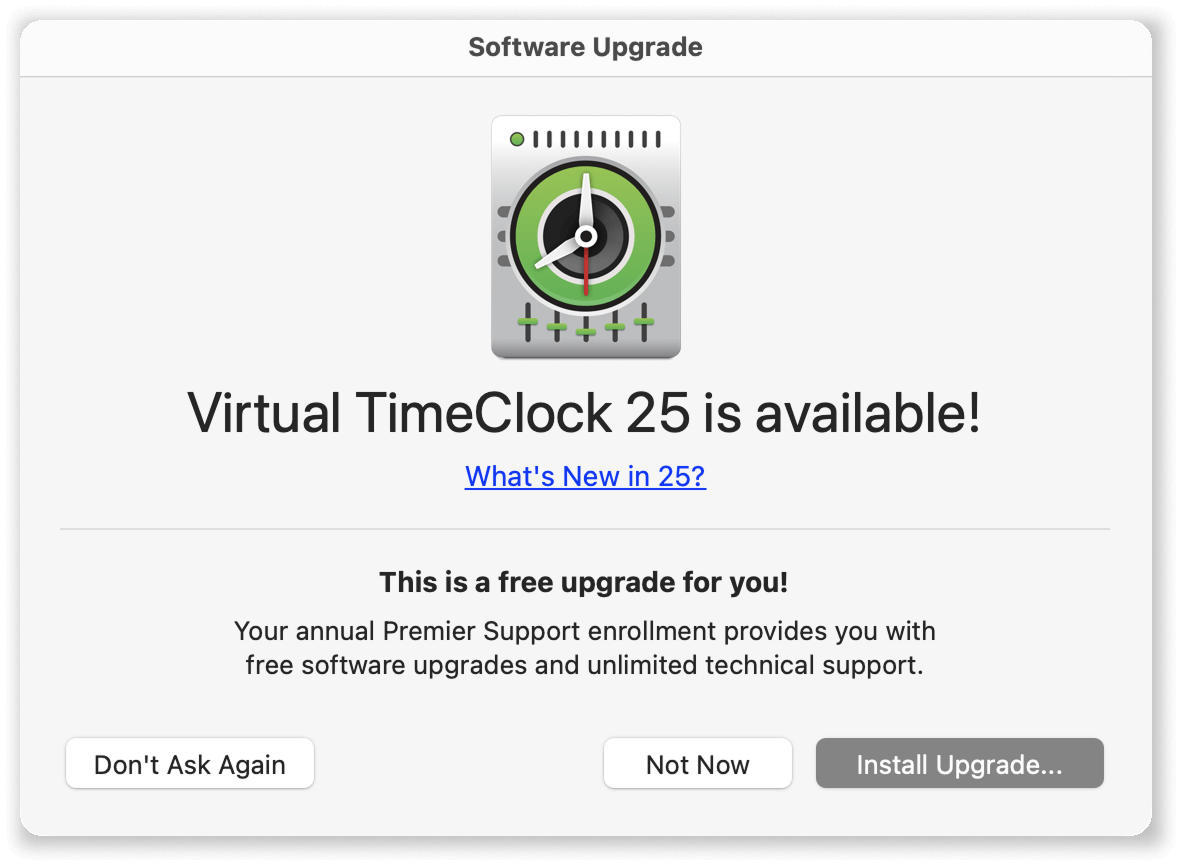 Virtual TimeClock Server Manager Upgrade Notification