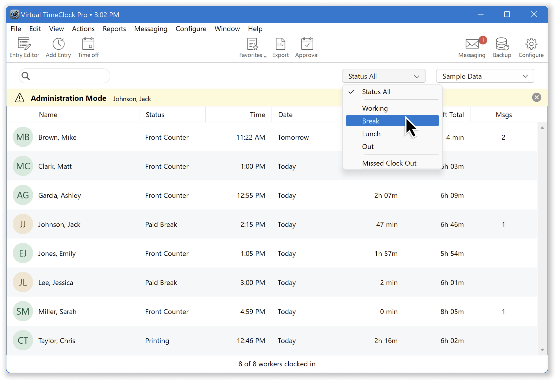 Virtual TimeClock Admin Quickly Filter In & Out Board